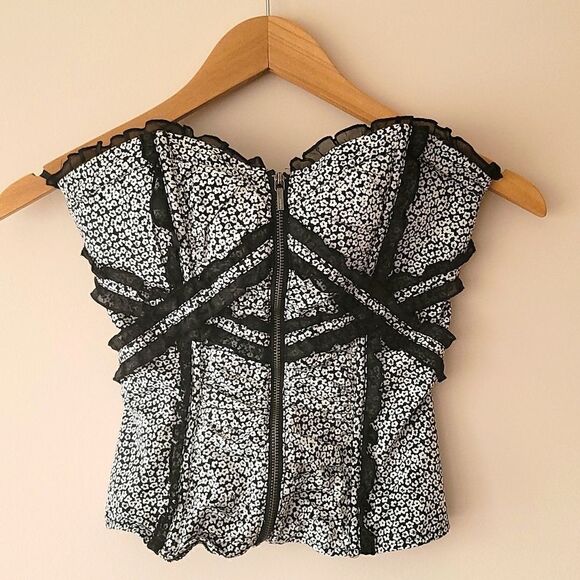 Bebe Black and White Floral Corset Bustier - Size S - Picture 2 of 7